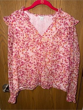 J. Crew Pink and Coral Floral Ruffle V-Neck Blouse Size: Petite Medium